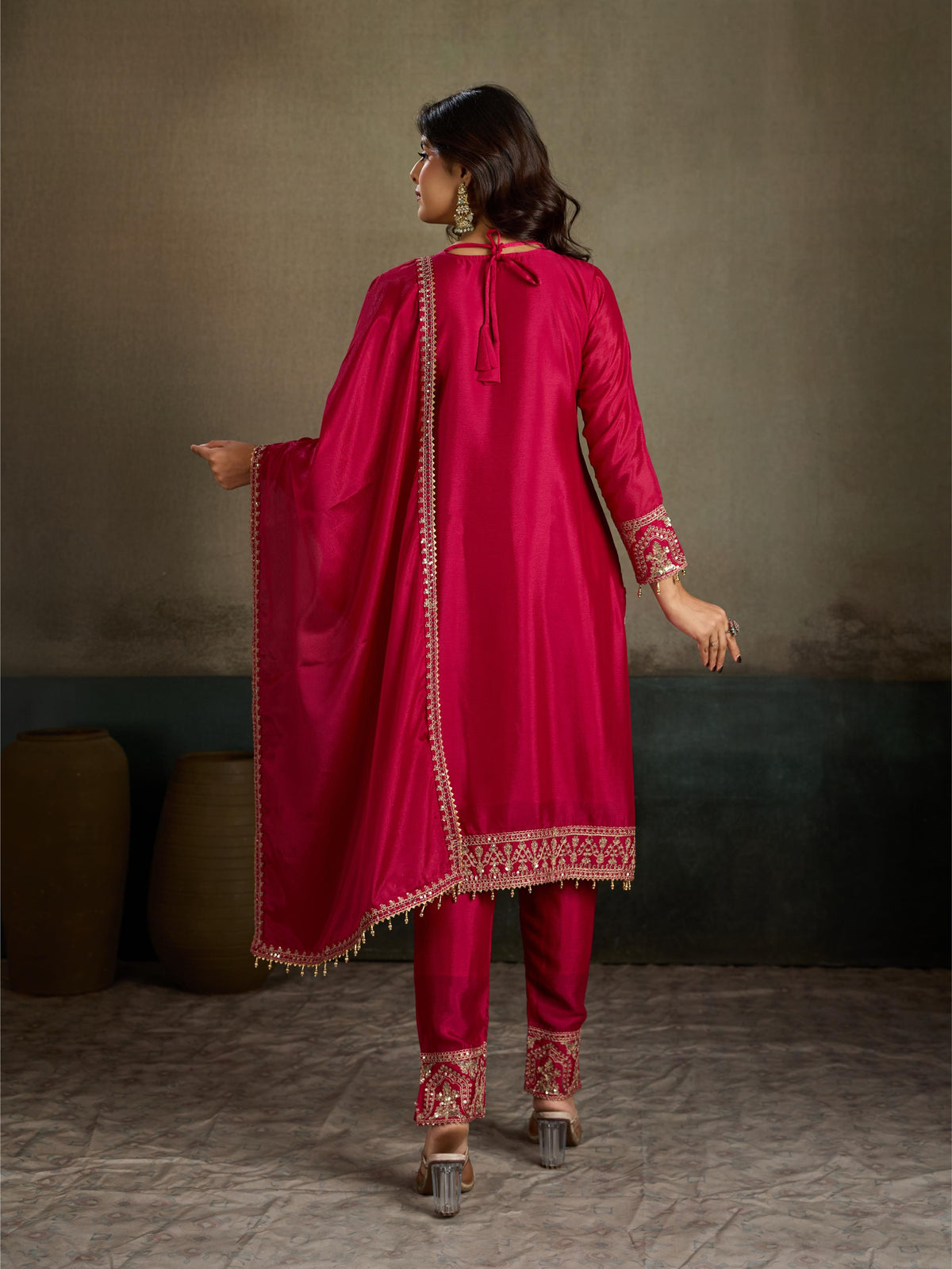 Crimson red gold zari embroidered silk kurta pant set - elegant full front view dupatta draped showing embroidered hem and pants