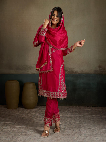 Crimson red gold zari embroidered silk kurta pant set - joyful front pose dupatta styled as hijab drape