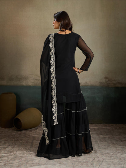 Black White Zari Embroidered Georgette Kurta Sharara Set with Dupatta