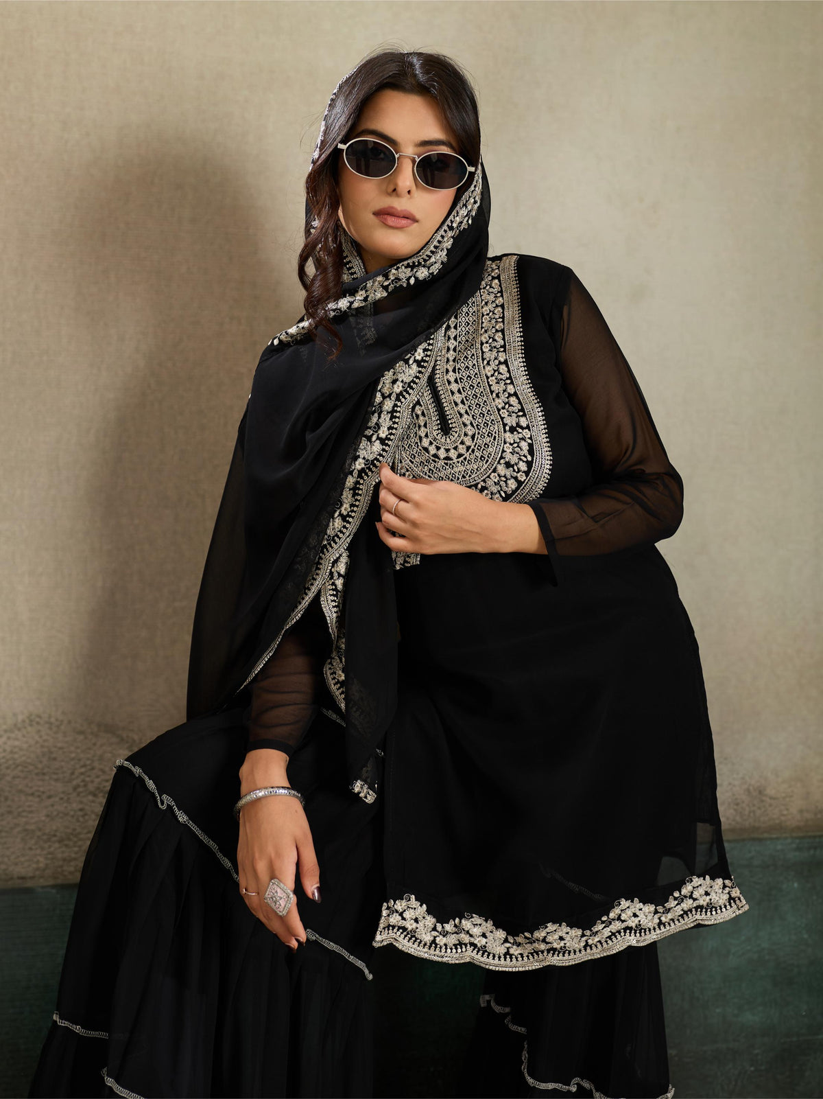 Black White Zari Embroidered Georgette Kurta Sharara Set with Dupatta