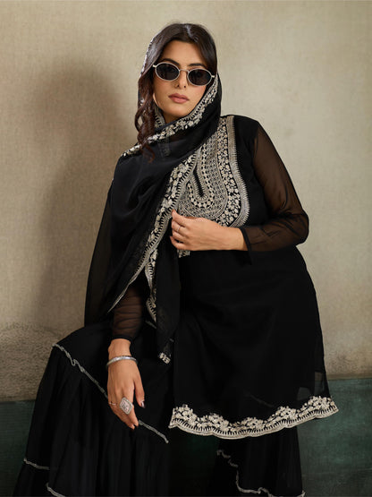 Black White Zari Embroidered Georgette Kurta Sharara Set with Dupatta