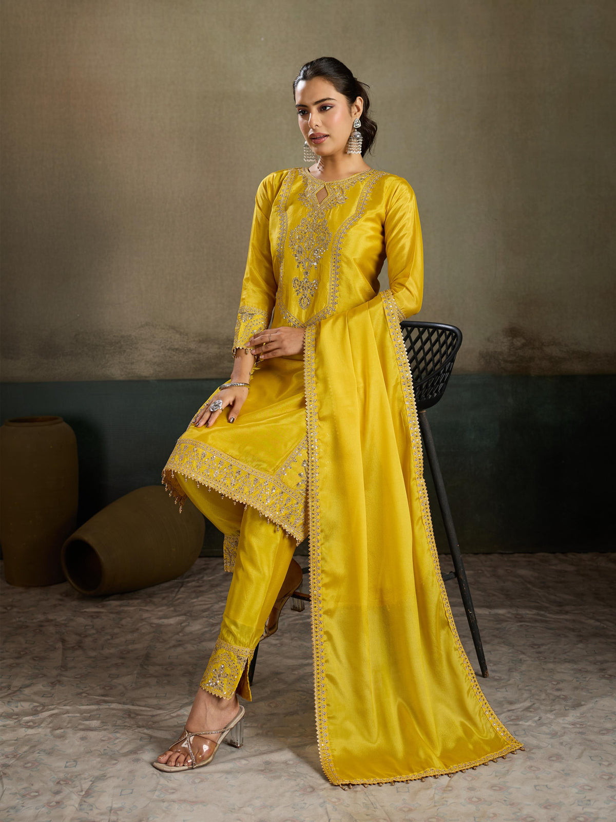 Yellow Gold Zari Embroidered Silk Kurta Pant Set with Dupatta