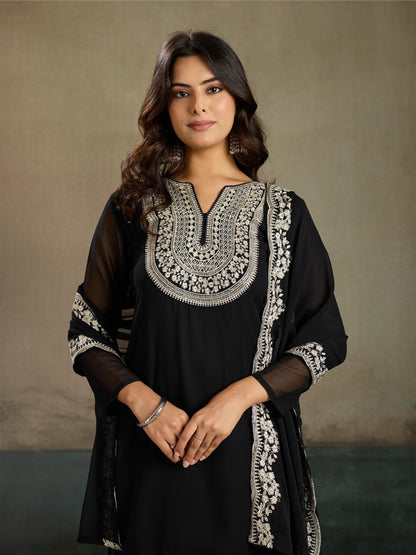 Black White Zari Embroidered Georgette Kurta Sharara Set with Dupatta