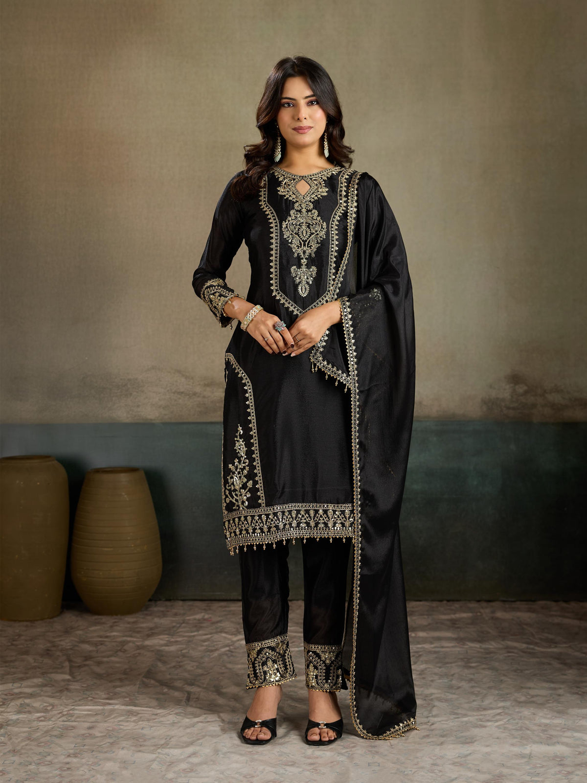 Black Gold Zari Embroidered Silk Kurta Pant Set with Dupatta