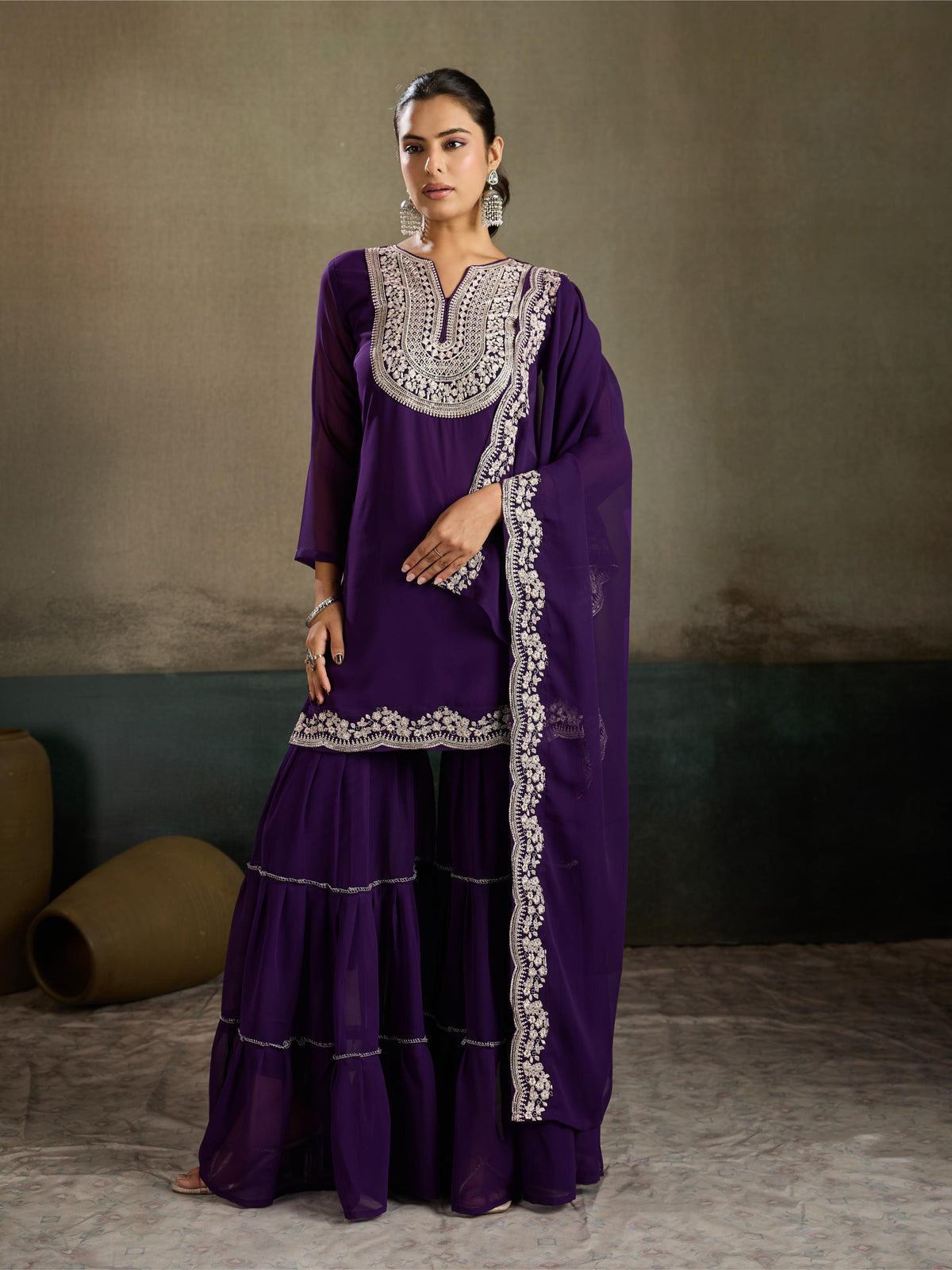 Violet Silver Zari Embroidered Georgette Kurta Sharara Set with Dupatta