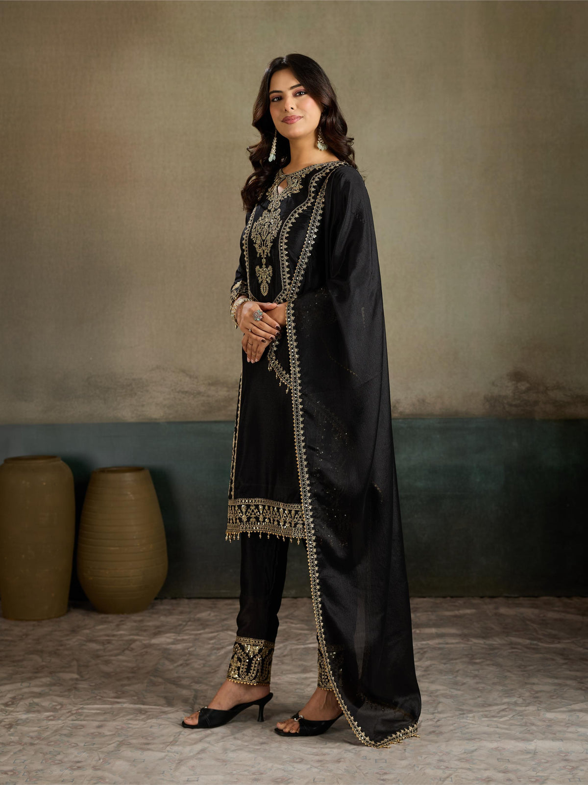 Black gold zari embroidered silk kurta pant set - side view showing embroidery panel and dupatta