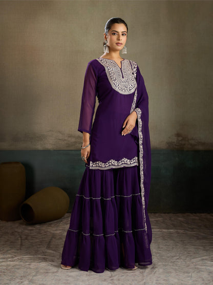 Violet Silver Zari Embroidered Georgette Kurta Sharara Set with Dupatta